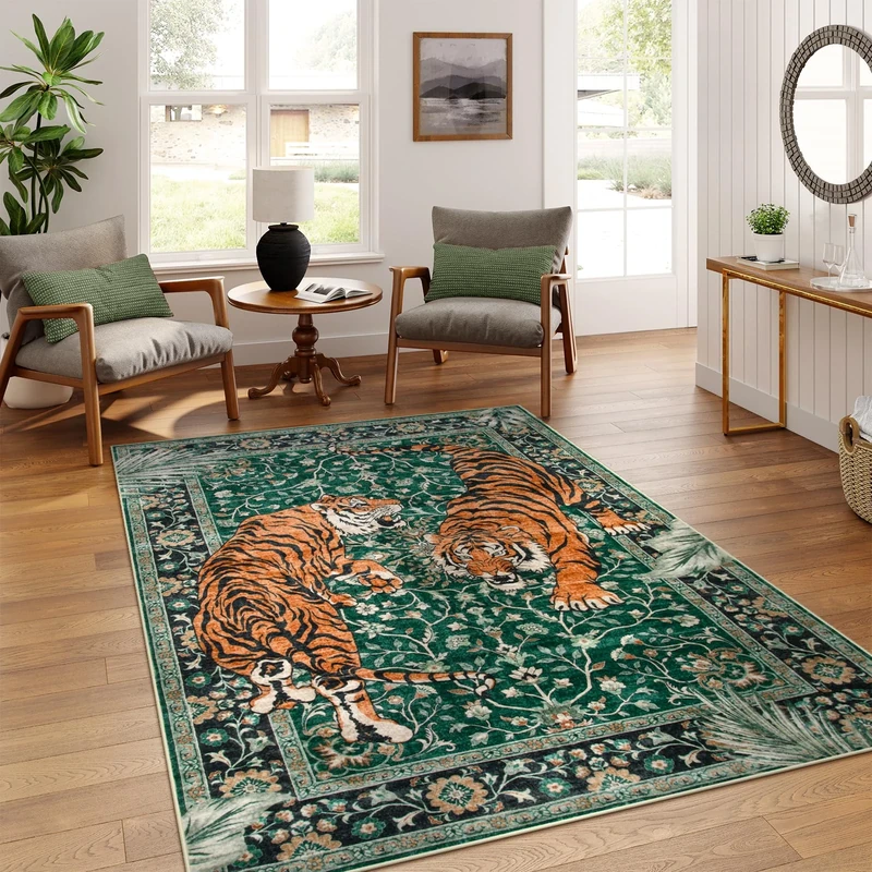 Moynesa Tiger 5x7 Area Rug, Boho Washable Living Room Rug, Non Slip Green Rugs for Bedroom, Ultra Thin Vintage Soft Stain Resistant Throw Floor Carpet for Office Dining Room