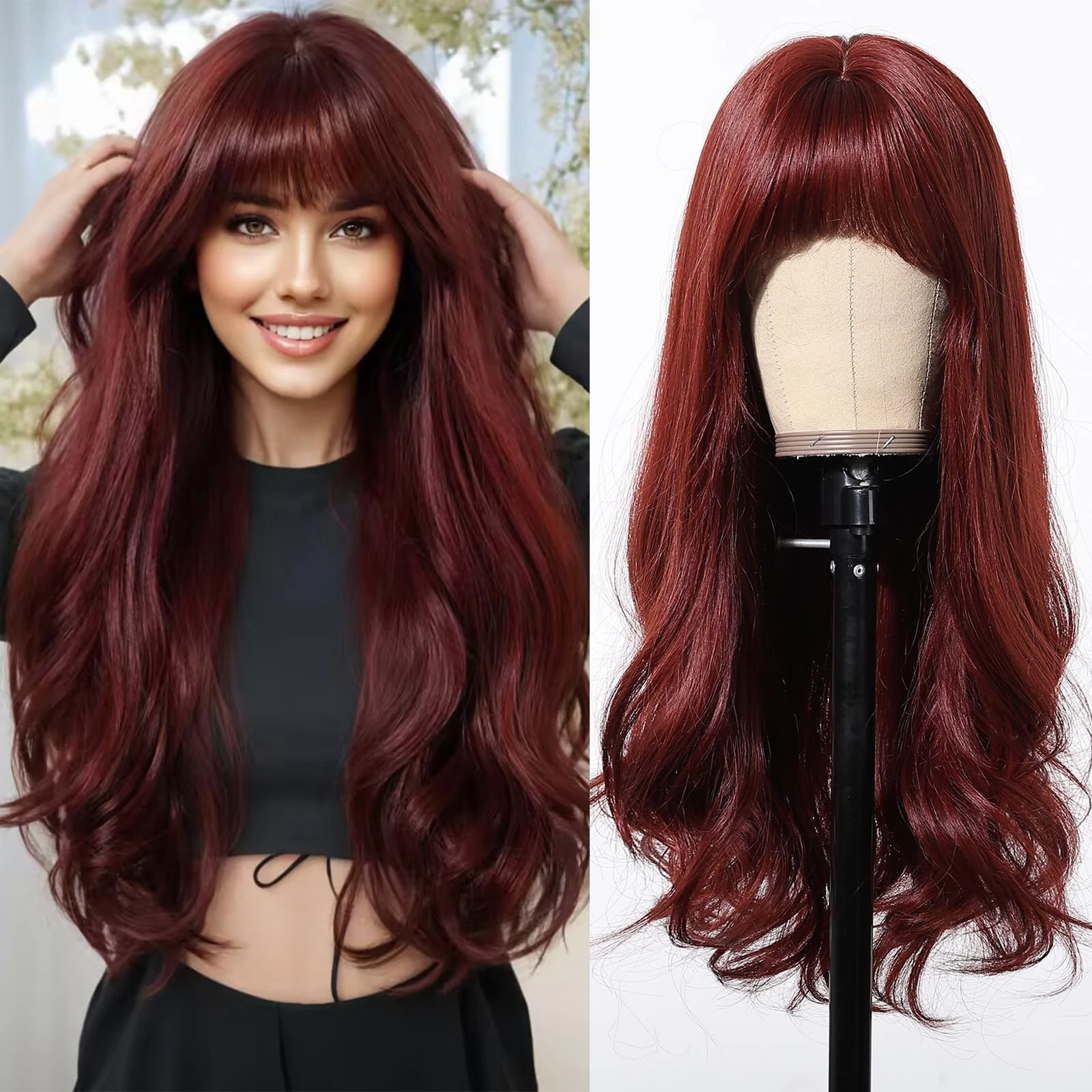 Esmee Long Wavy Burgundy Wigs for Women Natuaral Synthetic Hair Heat Resistant Red Wig for Daily Party Cosplay Use