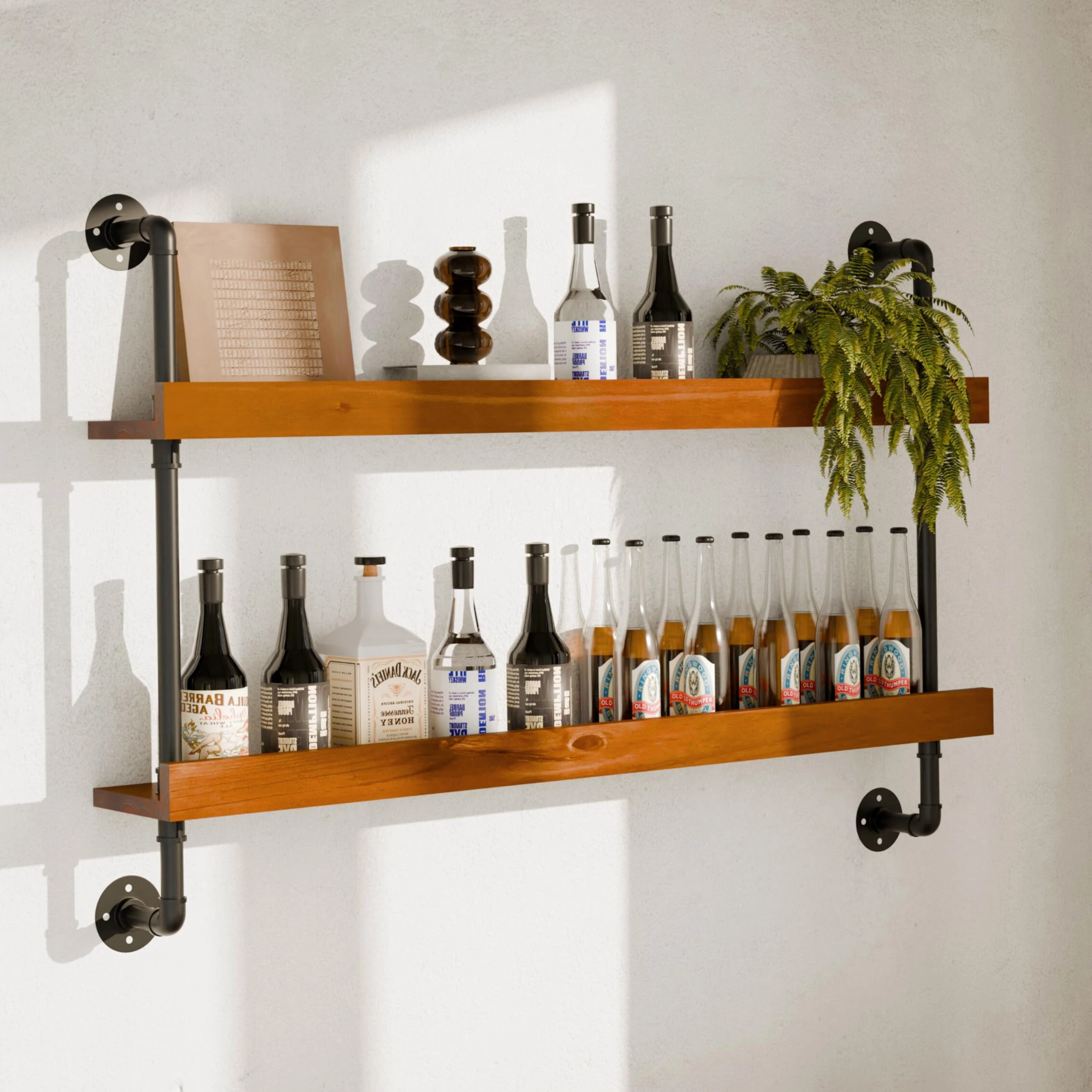 Anynice Industrial Wine Rack Wall Mounted, Solid Wood Shelf with Metal Pipe Brackets, 2-Tier Rustic Hanging Organizer for Wine Bottle Storage in Kitchen, Bar, Pub, Cellar(Walnut Brown, 48 Inch)