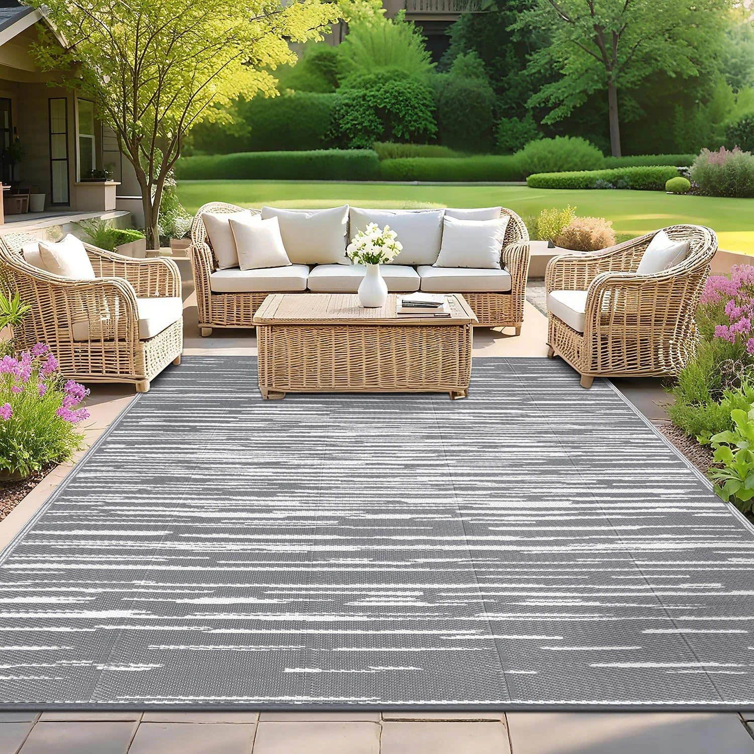 SHACOS Outdoor Rugs for Patios Waterproof 180 x 270 cm Large Garden Rug Reversible Plastic Straw Rug UV Resistant Easy Cleaning Outdoor Camping Mat for RV, Backyard, Picnic, Balcony, Deck, Grey