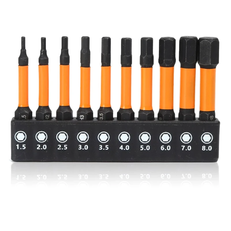 Hex Allen Key Drill Bit Set, 10 Pcs Impact Screwdriver Driver Bits S2 Steel 50mm Length Magnetic Allen Wrench H1.5-H8