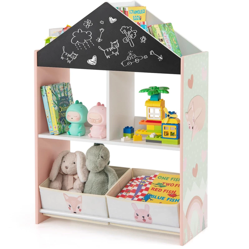 GYMAX Kids Storage Shelf, Toy Storage Organizer with Chalkboard/Whiteboard, 4 Top Compartments, 2 Fabric Drawers & Anti-Tipping Kit, Wooden Children Bookshelf for Kid Room Nursery Kindergarten (Pink)