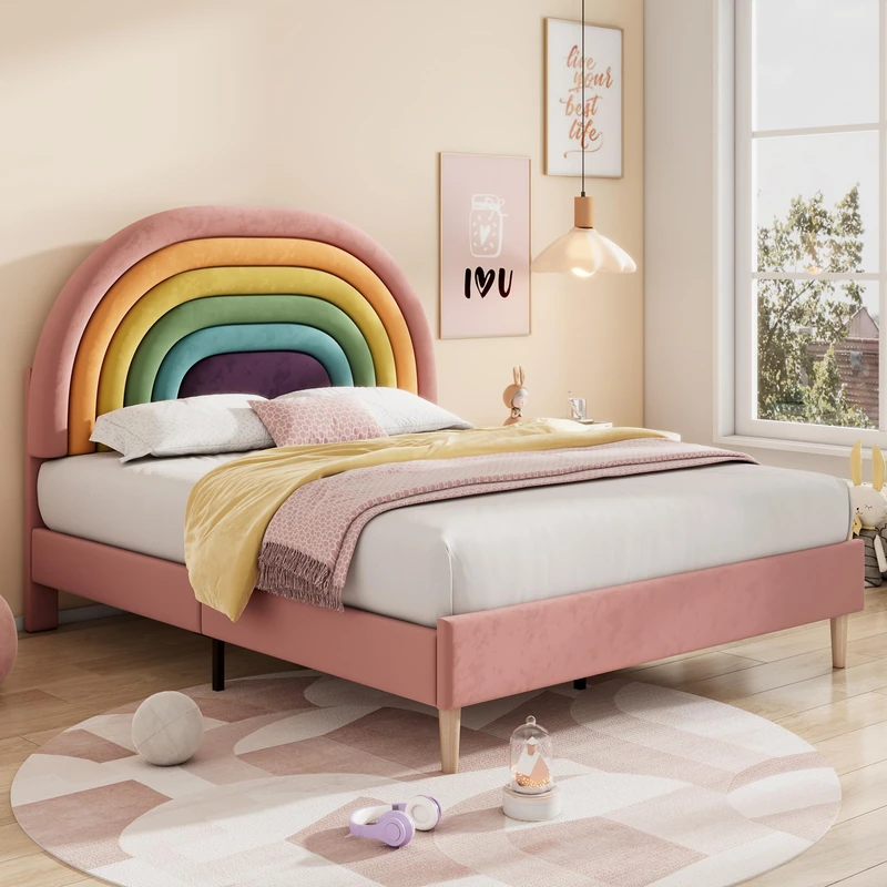 Merax Upholstered Double Bed, 4FT6 Bed Frame with Height-Adjustable Headboard and Wooden Slat Support, Comfortable Backrest, Easy Assembly, Velvet, Pink, 135x190cm