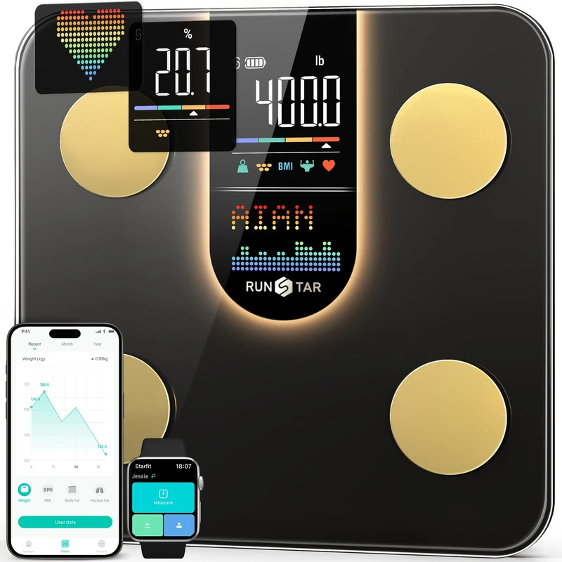 Runstar Scales for Body Weight, bathroom Scale with 8-in-1 VA Display, High Precision weighing Scale for Body Weight Heart Rate BMI Body Fat 22 Body Composition Sync APP, 400lb