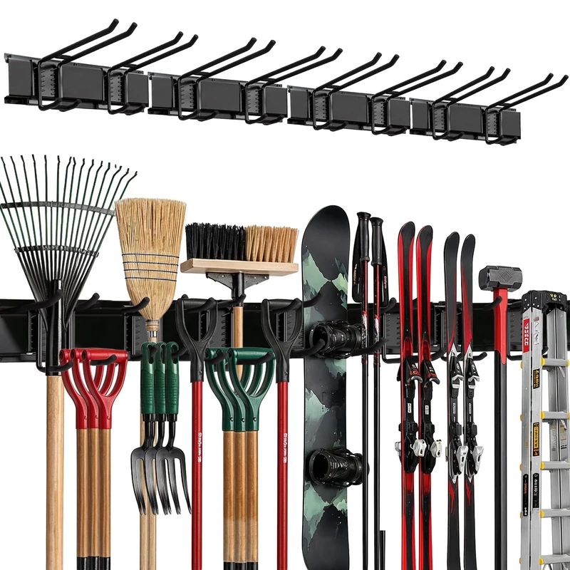 TIDYME Garage Tool Organizer Wall Mount - 29609 Sturdy Storage Rack with Adjustable Hooks, Anti-Rust Panel - Easy Installation, 400lbs Capacity - Garden Tool Organizer for Garage (04 Racks & 08 Hooks)