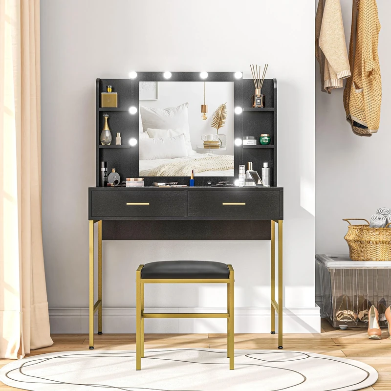HOMCOM Dressing Table with Lighted Mirror, Cushioned Stool, Drawers, Shelves, LED Makeup Vanity Desk Set, Modern Dresser Vanity Table for Bedroom, Black