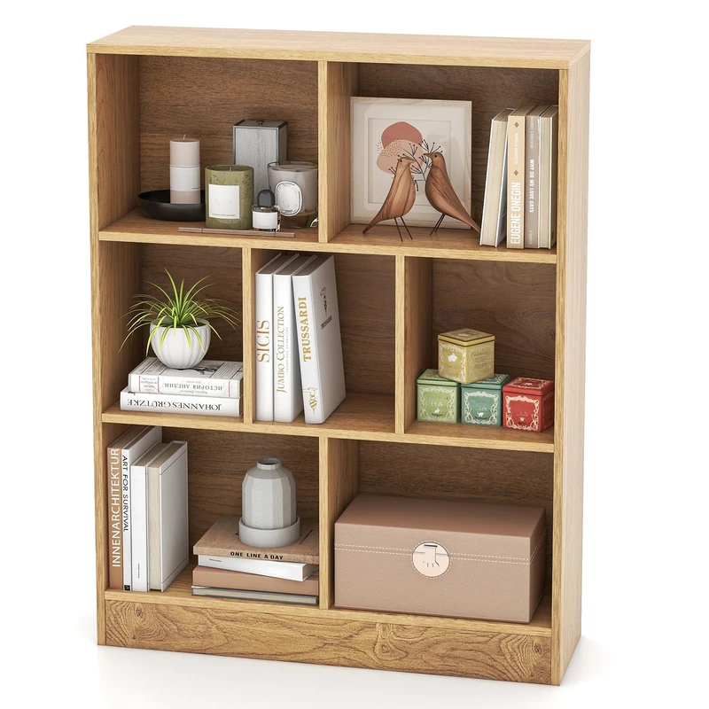 GYMAX Kids Bookcase, 3-Tier Children Bookshelf with 2 Anti-Tipping Kits, Wooden Toddler Storage Shelf for Living Room Child’s Room Playroom (Natural, 7 Cubes:80 x 24 x 104cm)
