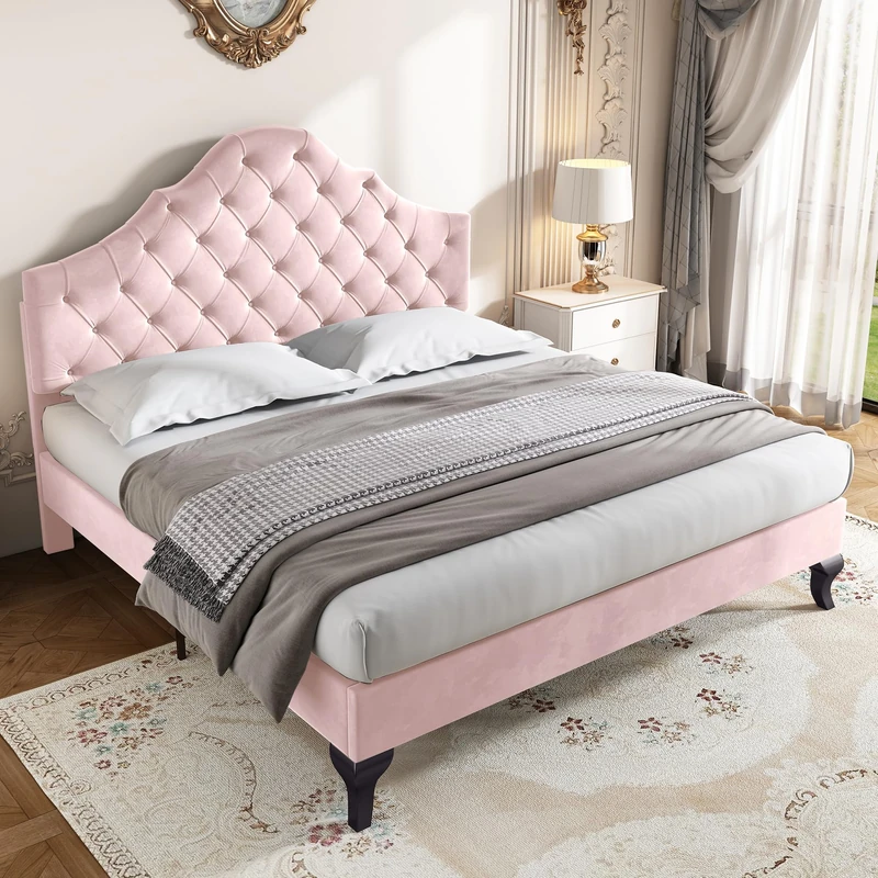Merax Upholstered Double Bed, 4FT6 Bed Frame with Height-Adjustable Headboard and Wooden Slat Support, Comfortable Backrest, Easy Assembly, Velvet, Pink, 135x190cm