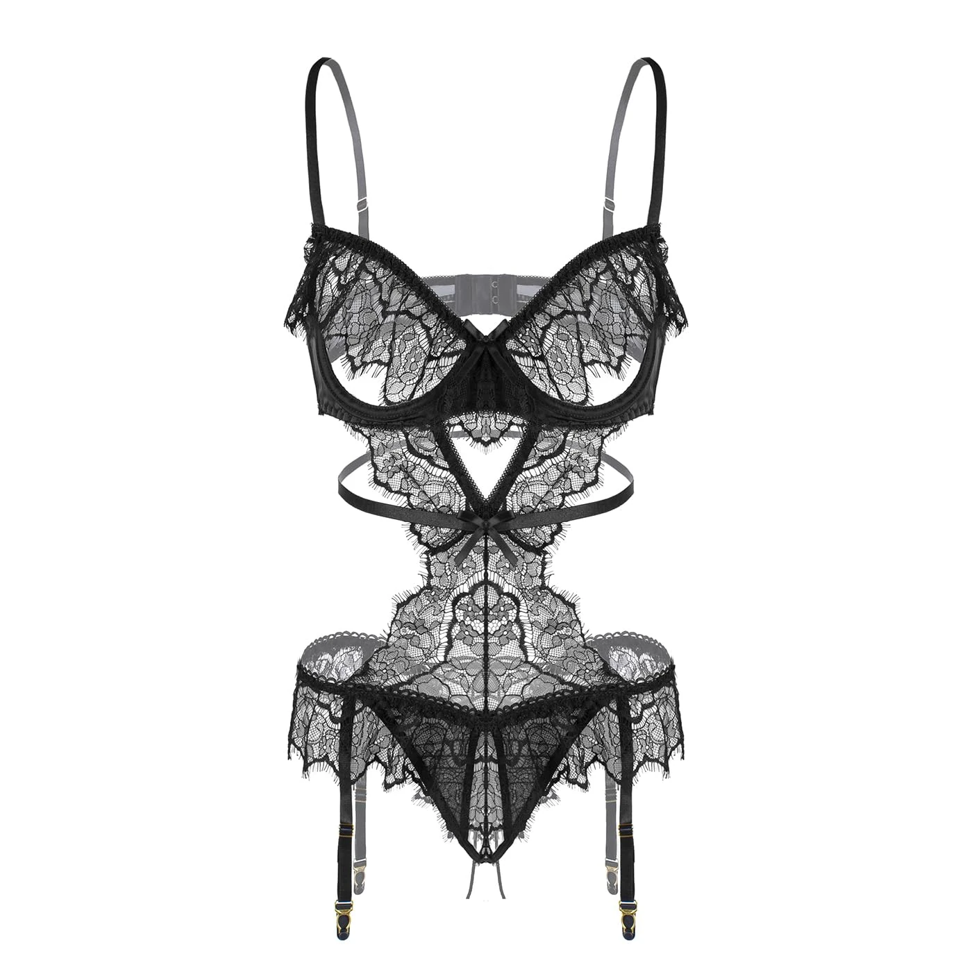 KFLY Women's Lingerie Sets Sexy Lace Bodysuit with Garter Belt (Black, One Size)