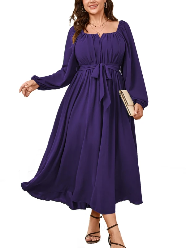 SCOMCHIC Women Plus Size Maxi Dress Long Sleeve Square Neck Wedding Guest Cocktail Belted Elegant Flowy A Line Long Dresses, Purple, XXL Plus