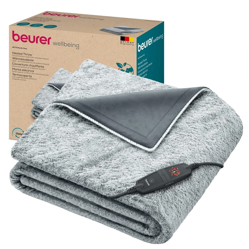 Beurer HD75 Nordic Grey Green Planet Electric Blanket, Heat Blanket Made from Recycled Material, Cuddly Soft, 6 Temperature Levels, Machine Washable, Automatic Shut-Off, 180 x 130 cm