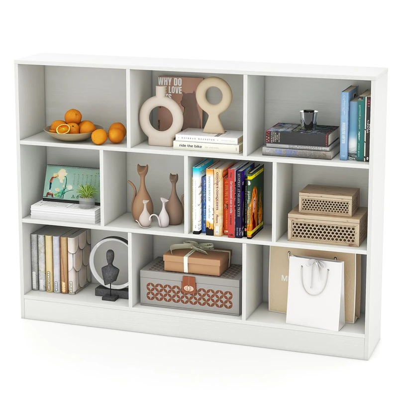 GYMAX Kids Bookcase, 3-Tier Children Bookshelf with 2 Anti-Tipping Kits, Wooden Toddler Storage Shelf for Living Room Child’s Room Playroom (White, 10 Cubes:140 x 24 x 104cm)