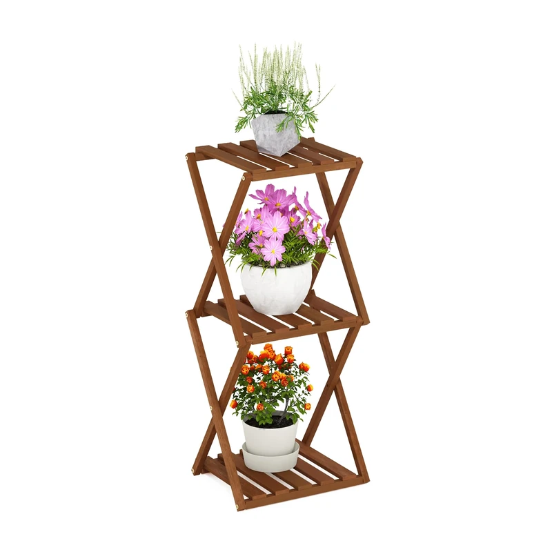 Furinno TIOMAN Patio Table, 3-Tier Outdoor Side Table, Toolless Multipurpose Folding Display Shelf, Plant Stand, for Patio, Garden, Porch, Natural