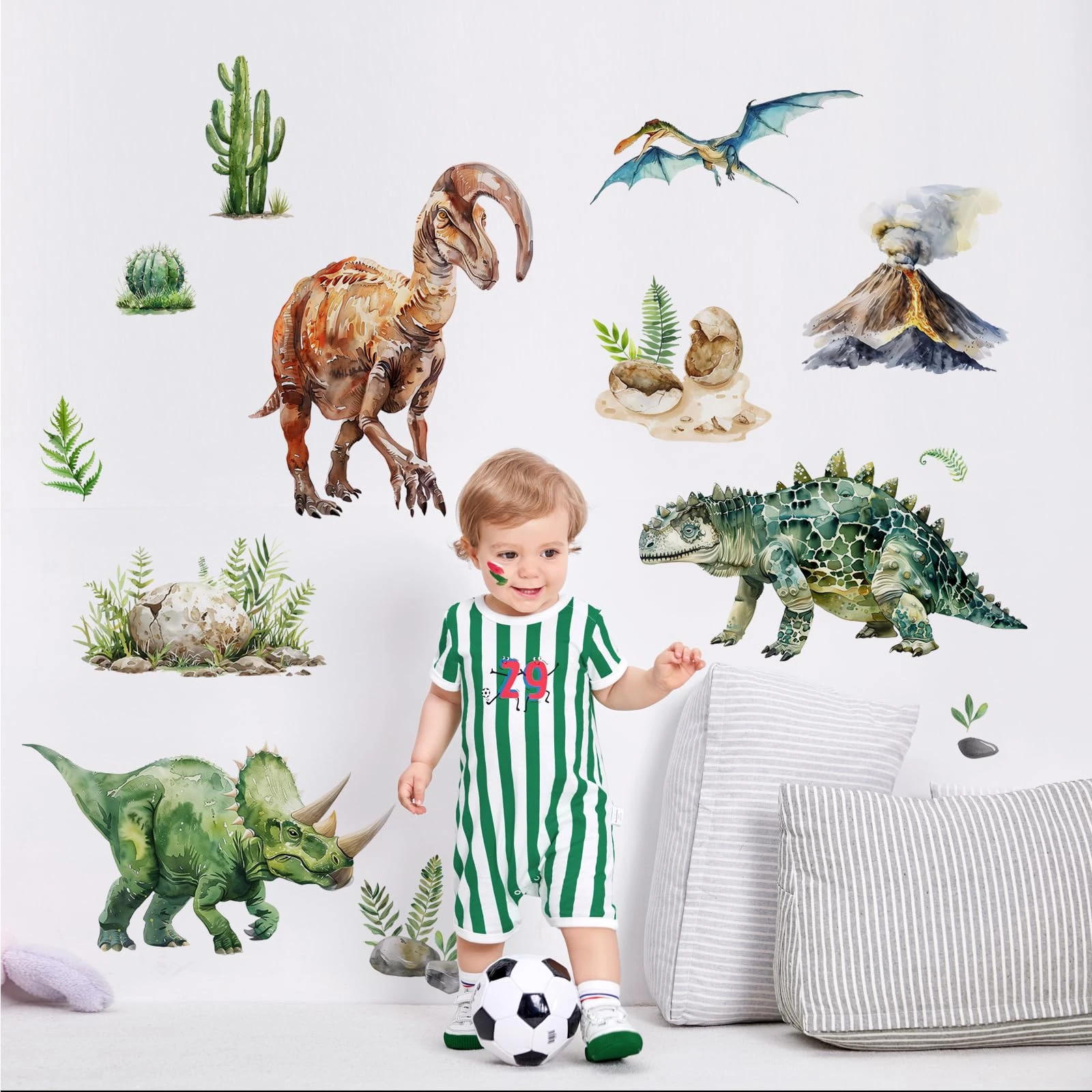 Large Dinosaur Wall Stickers for Boys, Dino Volcano Tropical Plants Cactus Wall Decals for Kids Baby Nursery Toddler Playroom Classroom Wall Decor Gifts for Kids