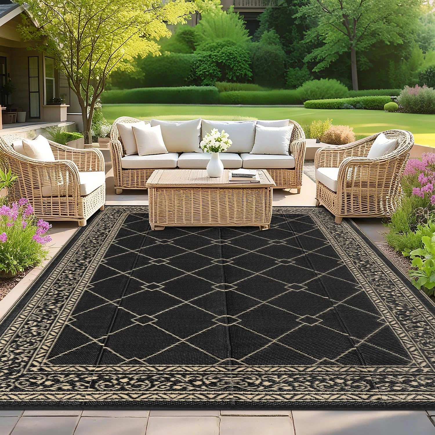 SHACOS Outdoor Rug 240x300 cm Waterproof Reversible Garden Rugs Patio Rug Plastic Straw Rugs UV Resistant Recycled Outdoor Carpet for Patio Balcony Camping Decking Beach Picnic, Black