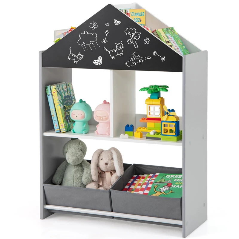 GYMAX Kids Storage Shelf, Toy Storage Organizer with Chalkboard/Whiteboard, 4 Top Compartments, 2 Fabric Drawers & Anti-Tipping Kit, Wooden Children Bookshelf for Kid Room Nursery Kindergarten (Gray)