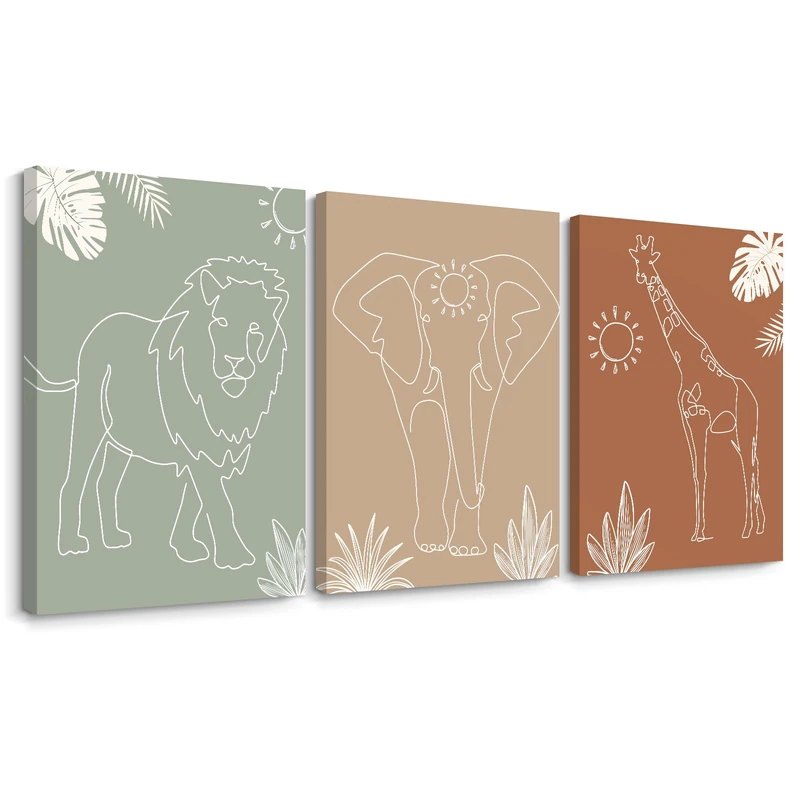 Safari Nursery Wall Art Pictures Baby Animal Canvas Wall Decor Boho Jungle Wall Art Kids Minimalist Poster Elephant Giraffe Lion Prints Nursery Safari Artwork for Bedroom 16x24 Wrapped Canvas Set of 3