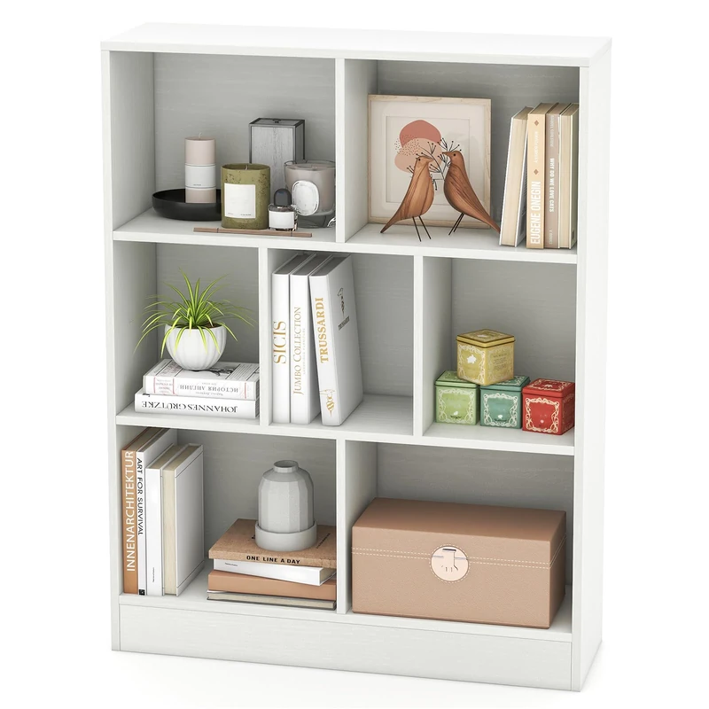 GYMAX Kids Bookcase, 3-Tier Children Bookshelf with 2 Anti-Tipping Kits, Wooden Toddler Storage Shelf for Living Room Child’s Room Playroom (White, 7 Cubes:80 x 24 x 104cm)