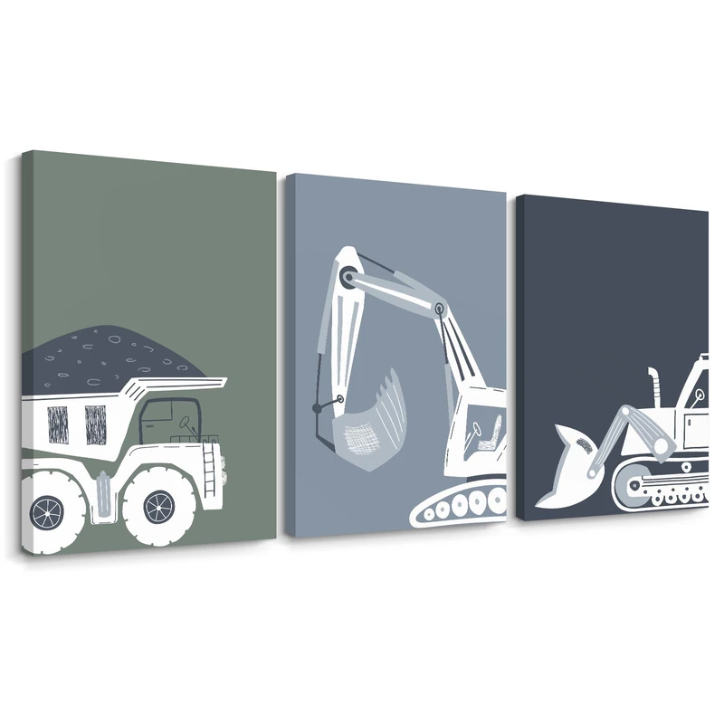 Construction Truck Wall Art Decor Toddler Boys Room Canvas Wall Art Tractor Vehicle Posters Dump Truck Wall Art Kids Bulldozer Pictures Nursery Prints for Boys Bedroom 16x24x3 Inch Wrapped Canvas