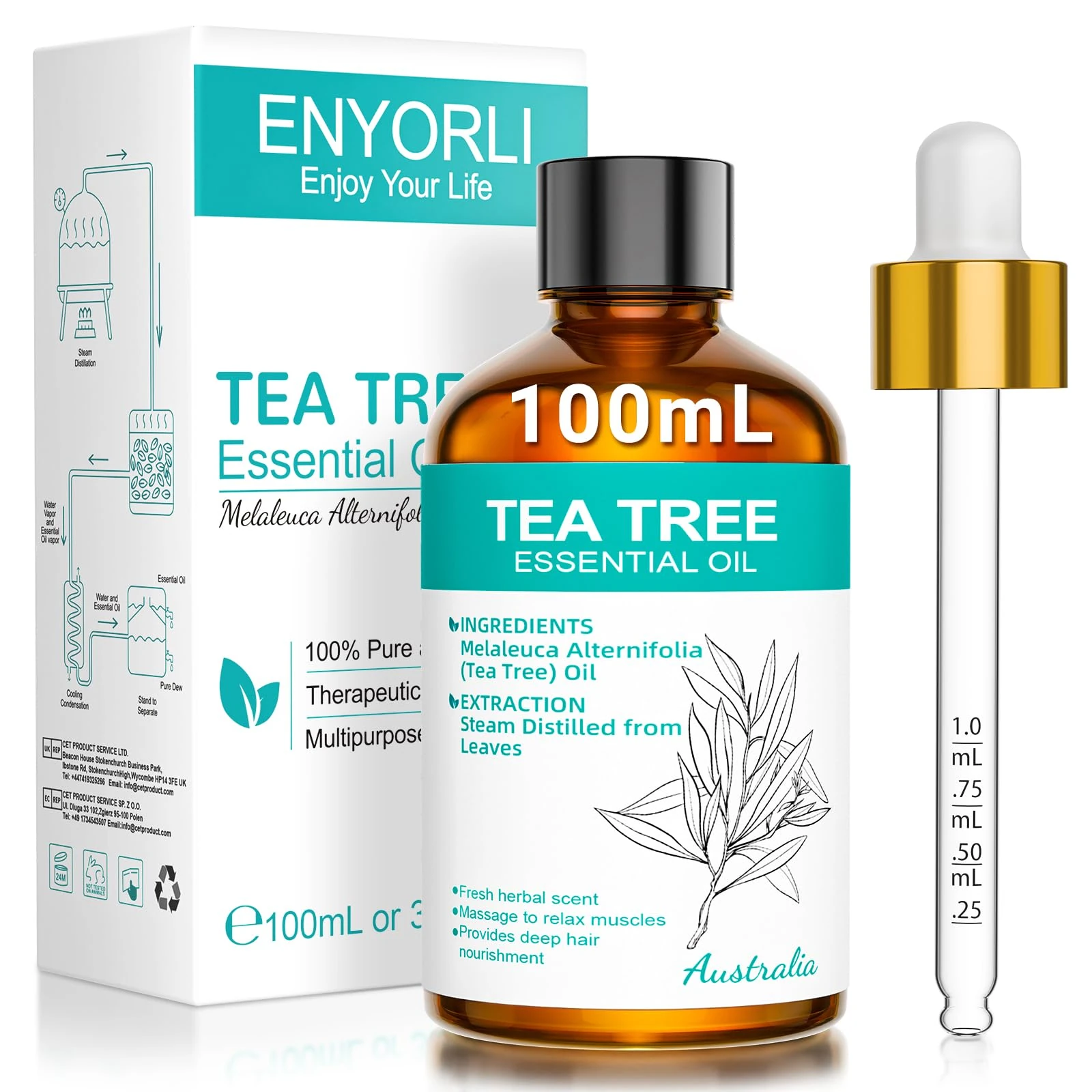 ENYORLI Tea Tree Essential Oil 100ml Tea Tree Oil Natural Organic for Aromatherapy Diffuser Acne Hair Scalp Nail Fungus Natural Skincare
