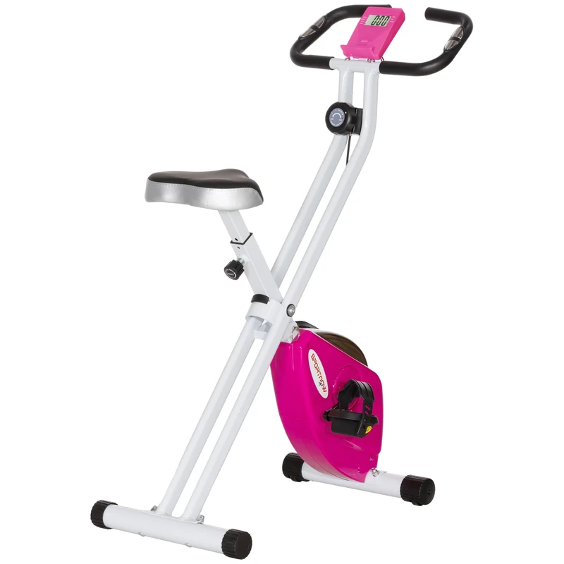 SPORTNOW Folding Exercise Bike, Quiet Stationary Bike with 8-Level Magnetic Resistance, Heart-Rate Sensor, Adjustable Seat and Wheels for Home Gym Workout, Pink and White