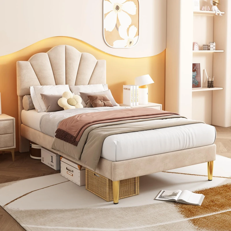 Merax Upholstered Single Bed, 3FT Bed Frame with Height-Adjustable Headboard and Wooden Slatted Frame, Shell-Like Bed with Golden Iron Legs, Easy Assembly, Velvet, Beige, 90x190cm
