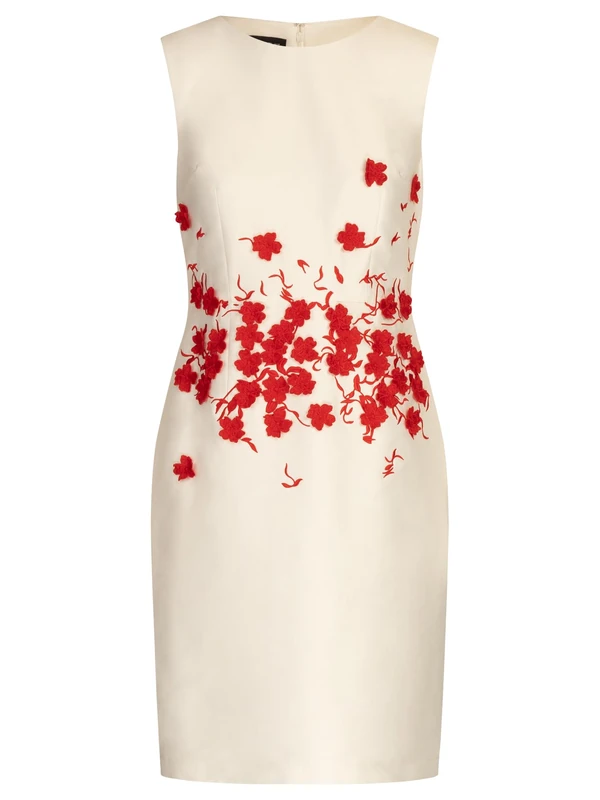 Apart Sheath Dress with Bright Red 3D Flowers Embroidered, Cream-red, 10