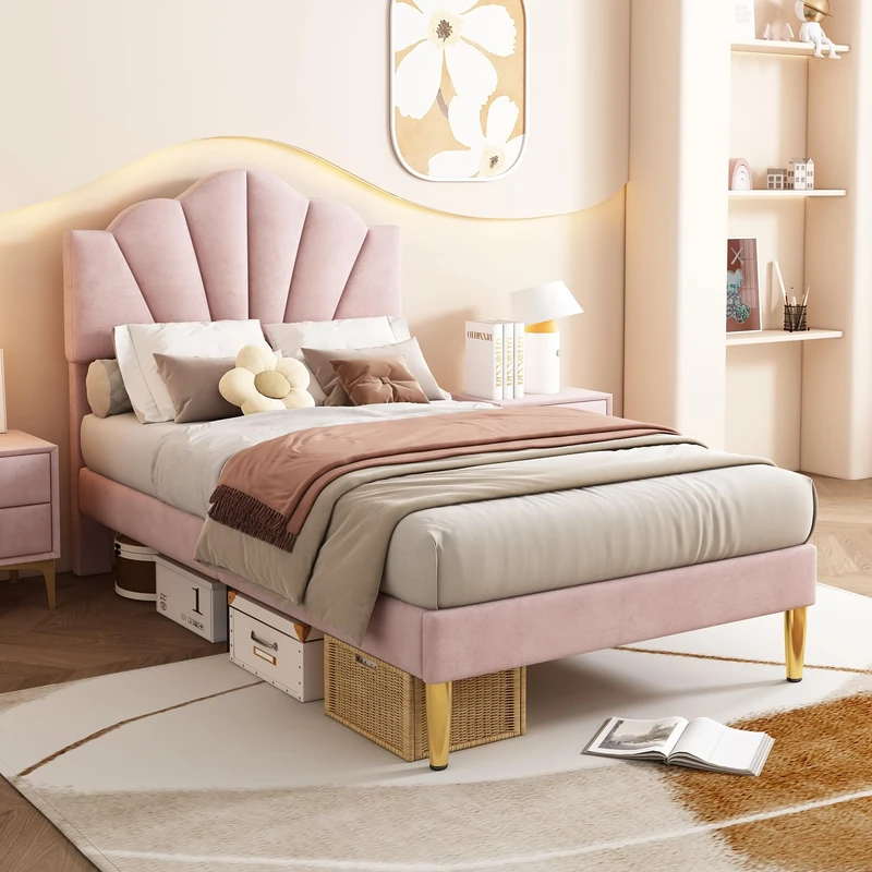 Merax Upholstered Single Bed, 3FT Bed Frame with Height-Adjustable Headboard and Wooden Slatted Frame, Shell-Like Bed with Golden Iron Legs, Easy Assembly, Velvet, Pink, 90x190cm