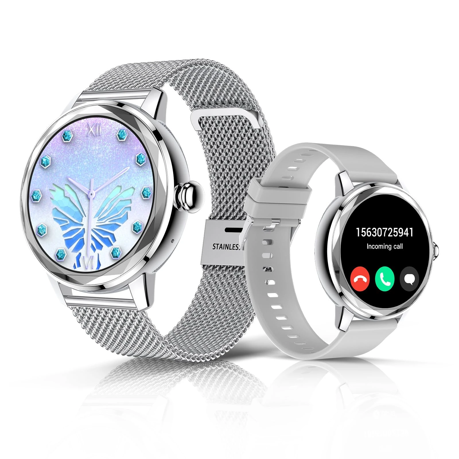 LES FLEURS Smart Watch for Women, 1.57'' Fitness Tracker Watch with Bluetooth for Android iOS Phones, Smartwatch with Heart Rate Sleep Oxygen Monitor, IP67 Waterproof, 123+ Sprots Modes, Silver