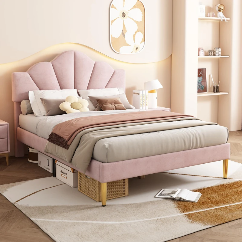 Merax Upholstered Double Bed, 4FT6 Bed Frame with Height-Adjustable Headboard and Wooden Slatted Frame, Shell-Like Bed with Golden Iron Legs, Easy Assembly, Velvet, Pink, 135x190cm