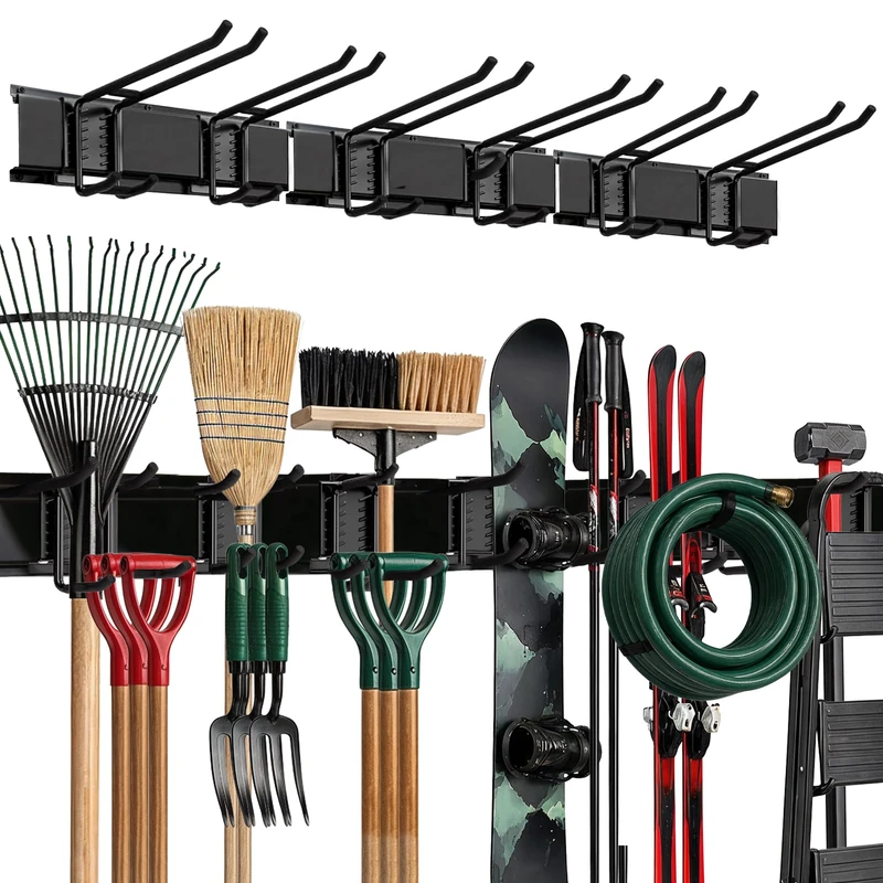 TIDYME Garage Tool Organizer Wall Mount - 29609 Sturdy Storage Rack with Adjustable Hooks, Anti-Rust Panel - Easy Installation, 300lbs Capacity - Garden Tool Organizer for Garage (03 Racks & 06 Hooks)