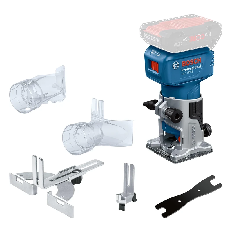 Bosch Professional 18V System Router GLF 18V-8 (incl. Parallel Guide, Surface Routing vac Adaptor, Edge Routing vac Adaptor, Flush Trim Roller Guide 1x ¼” (6.35 mm) Collet)