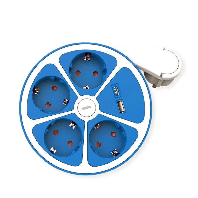 ROLINE 4-Way Power Strip with Switch, Round, USB Charger, A+C, Blue, 3 m