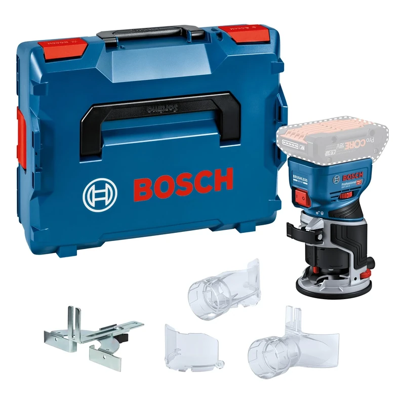 Bosch Professional 18V System Cordless Router GKF 18V-8 (incl. Parallel Guide, 2X Routing vac adaptors, Chip Shield, ¼” (6.35mm) Collet, Wrench, L-BOXX, Without Battery/Charger)