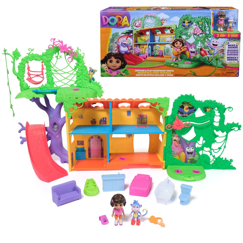 Dora, Explore & Play Rainforest Casita Playset, Dora and Boots Figures, Doll's house Furniture, Bilingual Phrases, Kids Toys for Girls and Boys Ages 3 and Up
