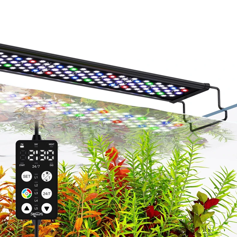 SEAOURA Full Spectrum Aquarium Light, 24/7 Custom Timer, Power-Off Memory SEAOURA 7-Row LED Fish Tank 8 Colors, 20 Brightness, Day & Night Cycle, Adjustable for Freshwater Plant Growth 90-106CM