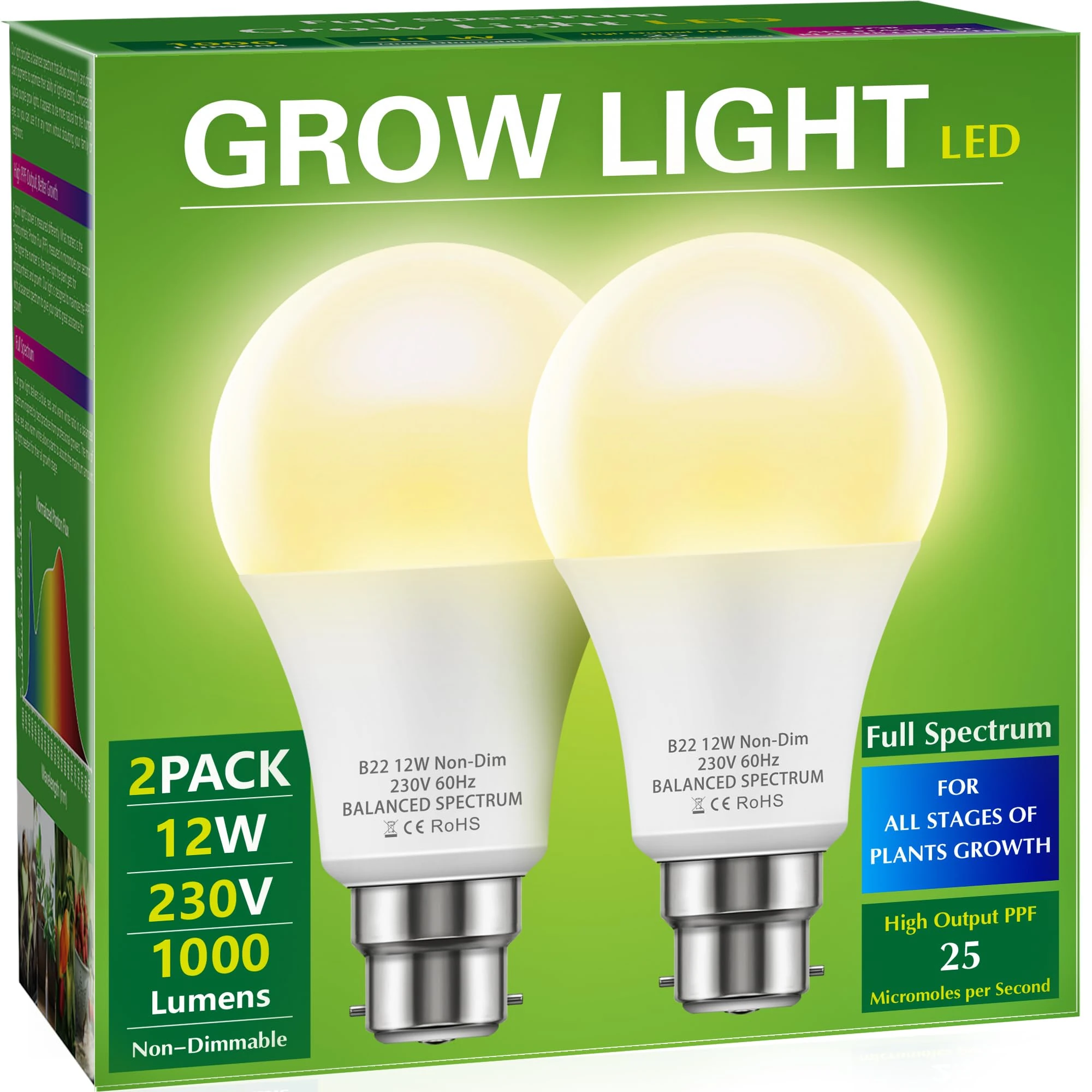 Briignite Grow Light Bulb, LED Grow Light A19 Bulb, Full Spectrum Grow Light for Indoor Plants, Plant Light Bulbs B22 Base, 12W Grow Lights for Indoor Plants, Seed Starting, 2Pack