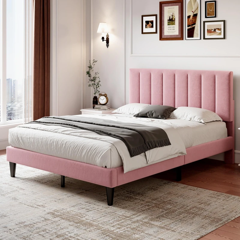 Merax Upholstered Double Bed, 4FT6 Bed Frame with Adjustable Channel Tufted Headboard and Wooden Slatted Frame, Mute Foam, No Box Spring Needed, Easy Assembly, Velvet, Pink, 135x190cm