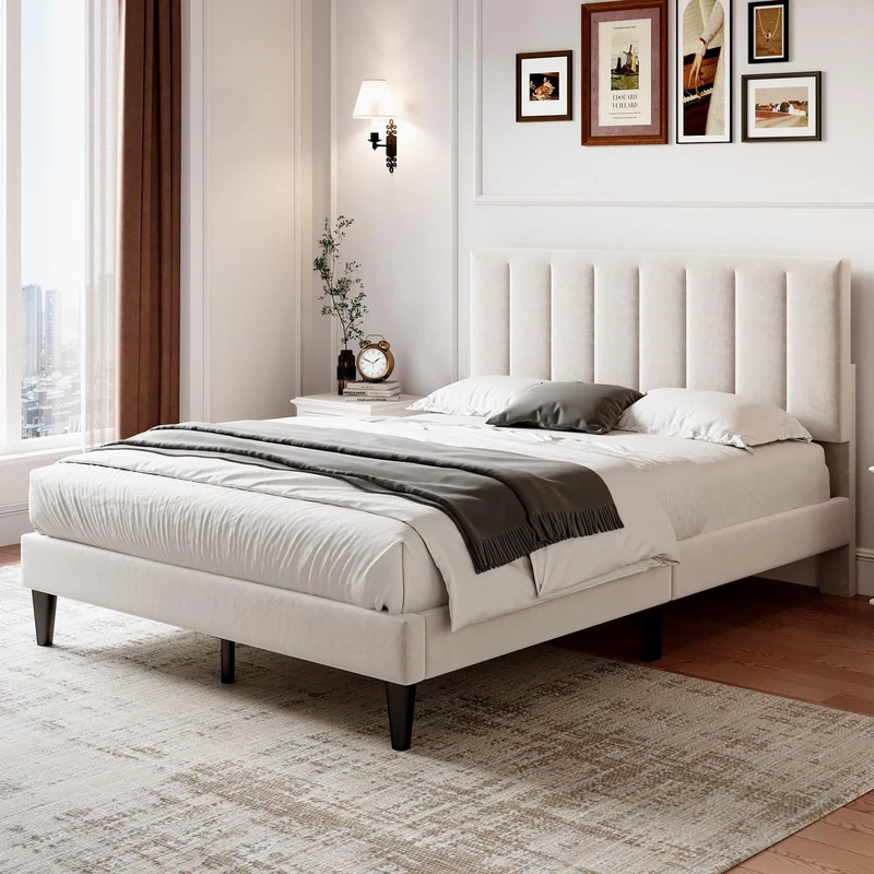 Merax Upholstered Double Bed, 4FT6 Bed Frame with Adjustable Channel Tufted Headboard and Wooden Slatted Frame, Mute Foam, No Box Spring Needed, Easy Assembly, Velvet, Beige, 135x190cm