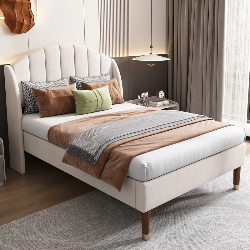 Merax Upholstered Single Bed, 3FT Bed Frame with Soft Headboard and Wooden Slatted Frame, Comfortable Backrest, Additional Support Feet, Easy Assembly, Velvet, Beige, 90x190cm
