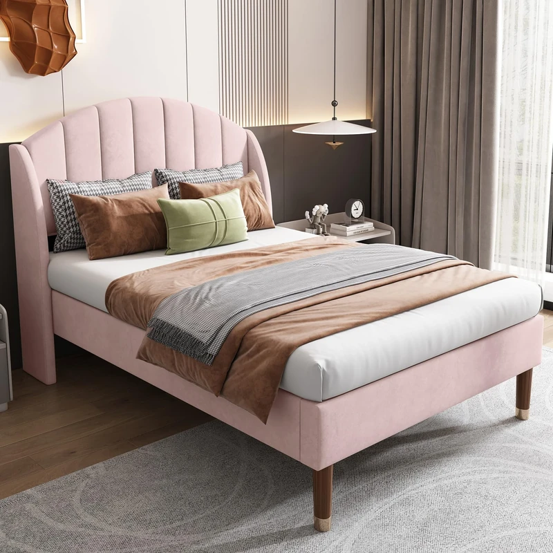 Merax Upholstered Single Bed, 3FT Bed Frame with Soft Headboard and Wooden Slatted Frame, Comfortable Backrest, Additional Support Feet, Easy Assembly, Velvet, Pink, 90x190cm
