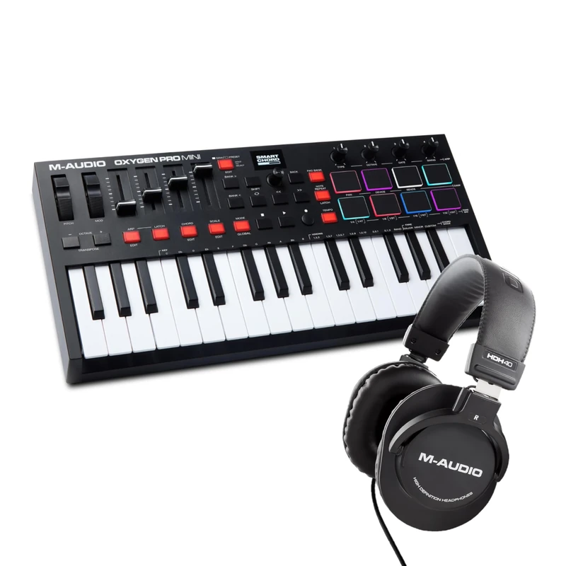 M-Audio Oxygen Pro Mini 32 Key USB MIDI Keyboard Controller with Beat Pads and HDH40 Over Ear Studio Headphones