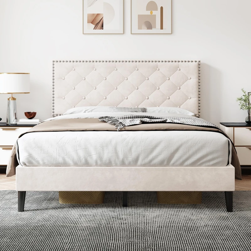 Merax Upholstered Double Bed, 4FT6 Bed Frame with Adjustable Button-Tufted & Riveted Headboard and Wooden Slatted Frame, Mute Foam, No Box Spring Needed, Easy Assembly, Velvet, Beige, 135x190cm