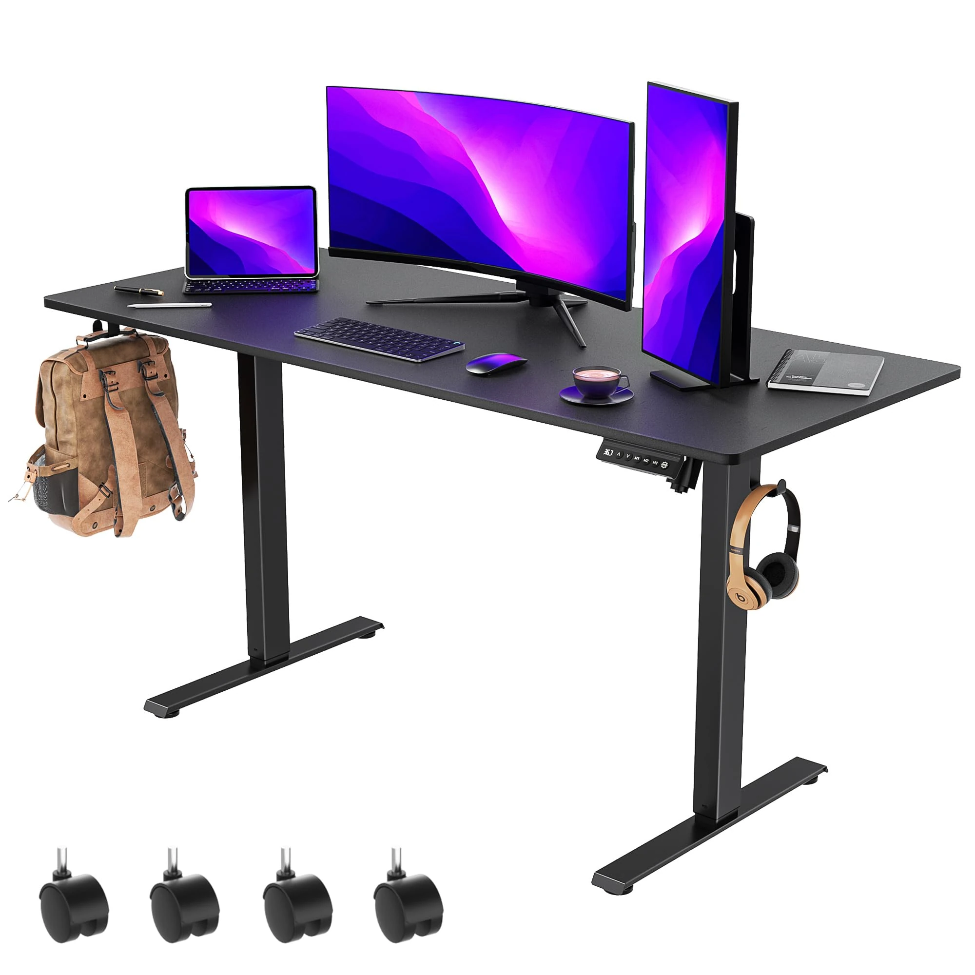 VVENACE 55 Inch Electric Standing Desk Adjustable Height, Stand Up Desk Sit Stand Desk Rising Desk, Home Office Desk with 4 Memory Height Settings, 2 Headphone Hook, Black Frame/Black Spliced Desktop