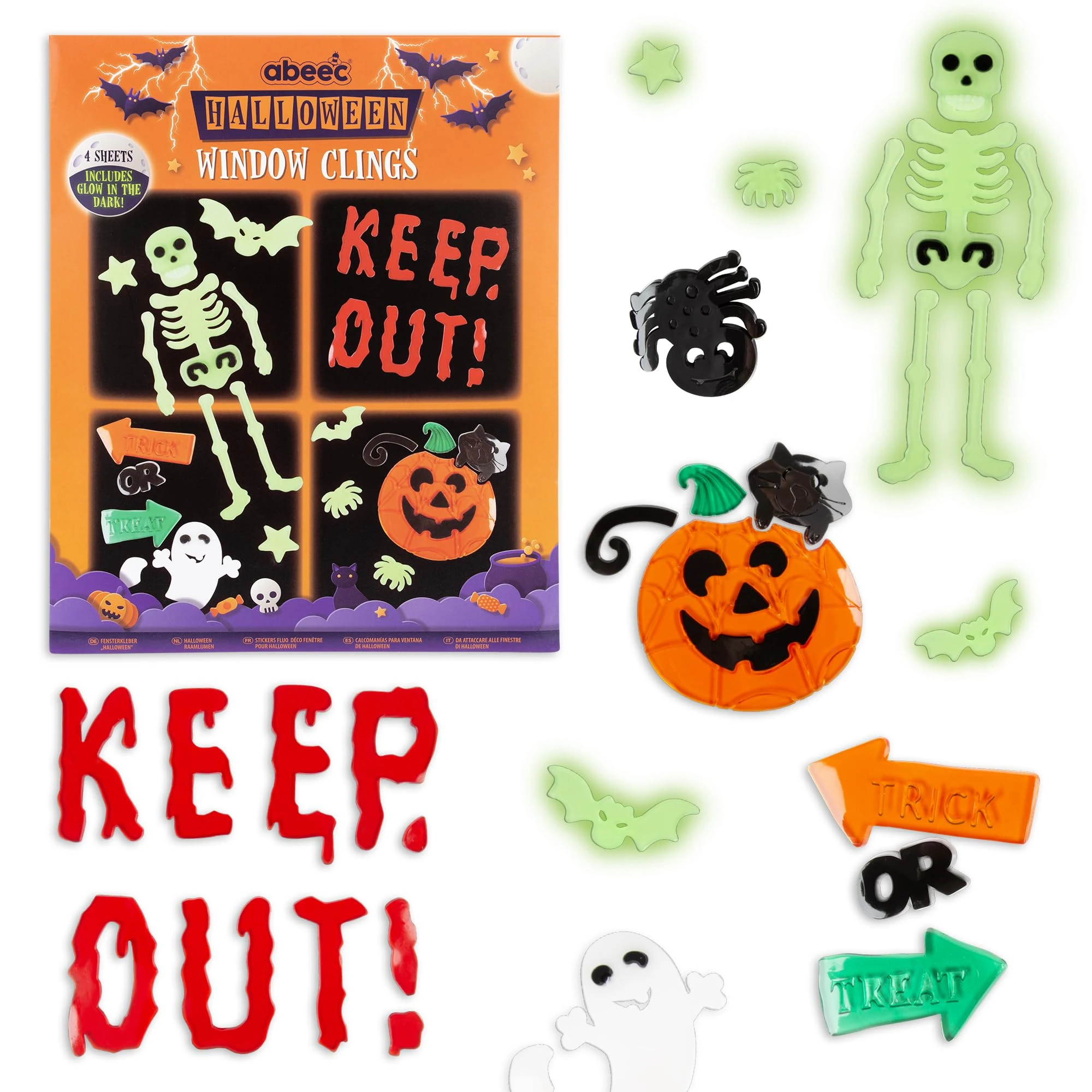 abeec Halloween Window Clings – Glow in The Dark Stickers for Kids – 4 Reusable Sheets with Skeleton, Pumpkins & Ghosts – Easy Gel Decorations for Spooky Windows at Halloween Parties & Home Décor