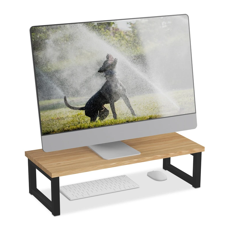 Relaxdays Monitor Stand, Desk Organiser, Ergonomic Screen Holder for Table, Home, Office, 15 x 55 x 23 cm, Natural/Black, Fibreboard