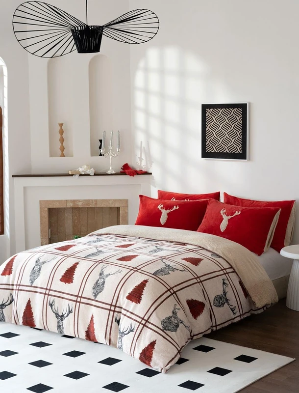 Kampala Hill Stag Teddy Fleece King Duvet Cover Set Red Bedding for Winter