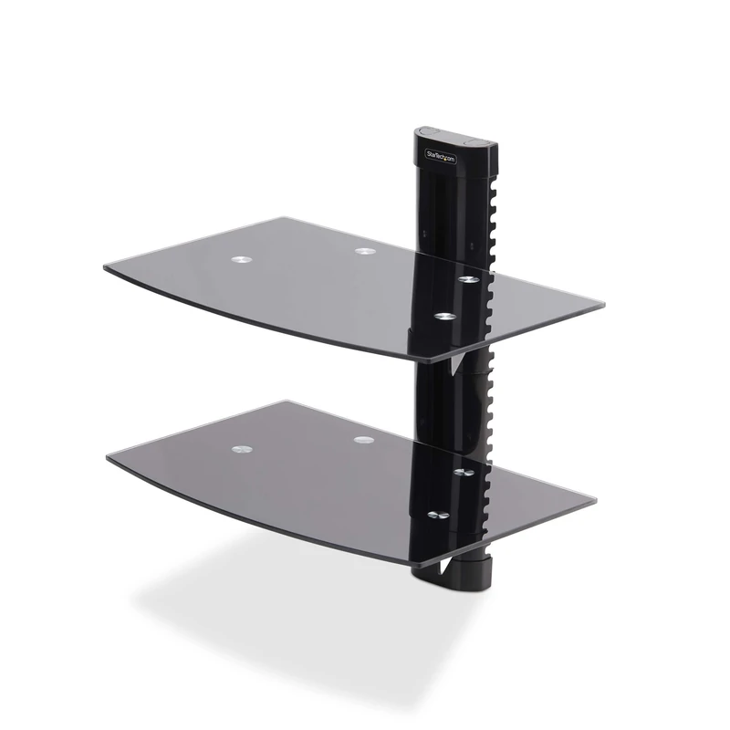 StarTech.com Dual Floating Wall-Mounted AV Shelves, Adjustable Height Shelf For Under TV AV Equipment, Tempered Glass Shelves