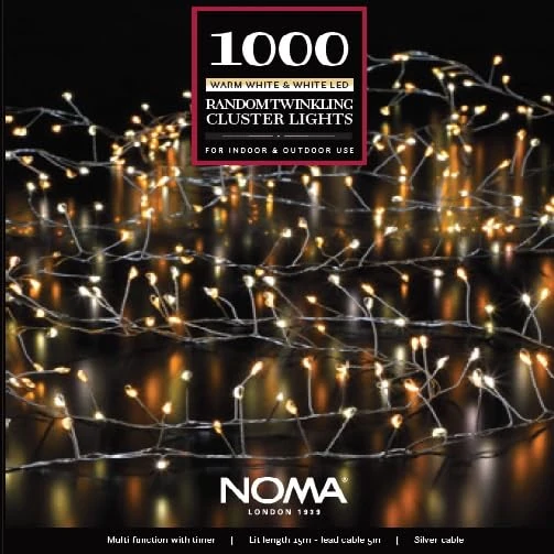 Noma Random Twinkling Christmas Garland with Silver Wire, 1000 Warm and Antique White LED's, 15 m