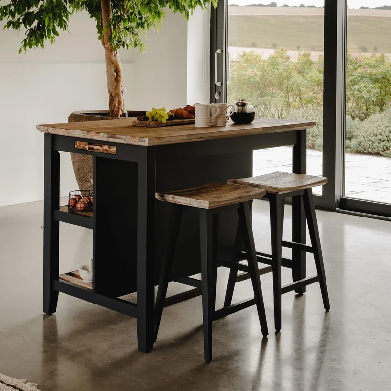 Statement Furniture Florence Breakfast Bar, Slatted Shelves, Hidden Tray, Chopping Board, Acacia Wood Top, Kitchen Island W126cm H91cm D78cm (navy blue)